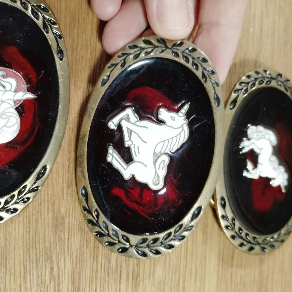 Three Vintage Unicorn Brass Belt Buckle Heritage Red Heart Lot Mystical Magical